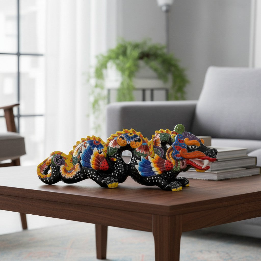 Handmade Talavera Dragon Statue | Vibrant Mexican Cultural Art