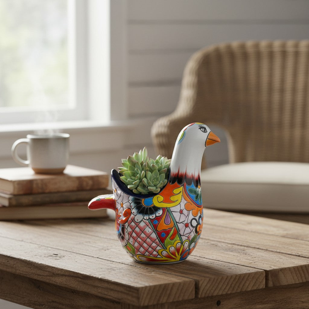 Vibrant Talavera Dove Planter | Colorful Mexican Ceramic Bird Statue