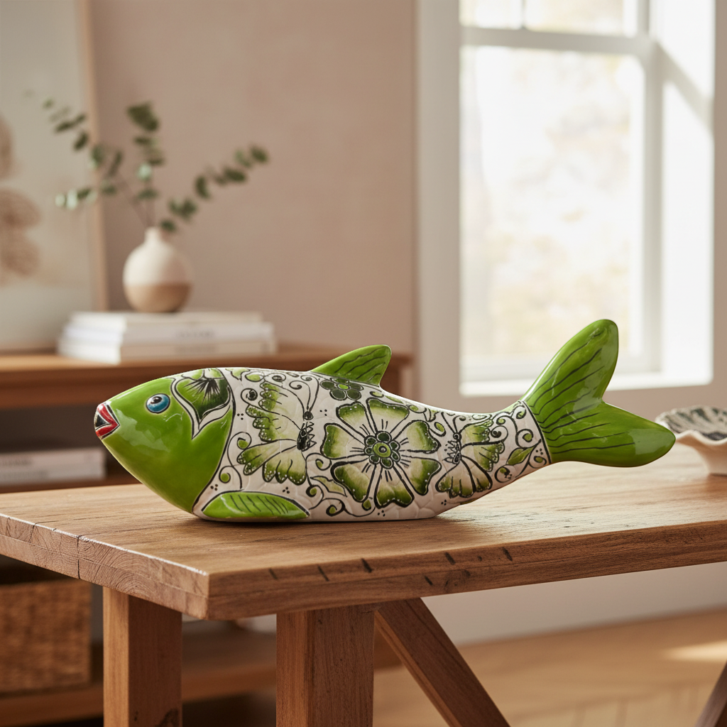 Large Handmade Talavera Fish Statue | Colorful Cultural Art