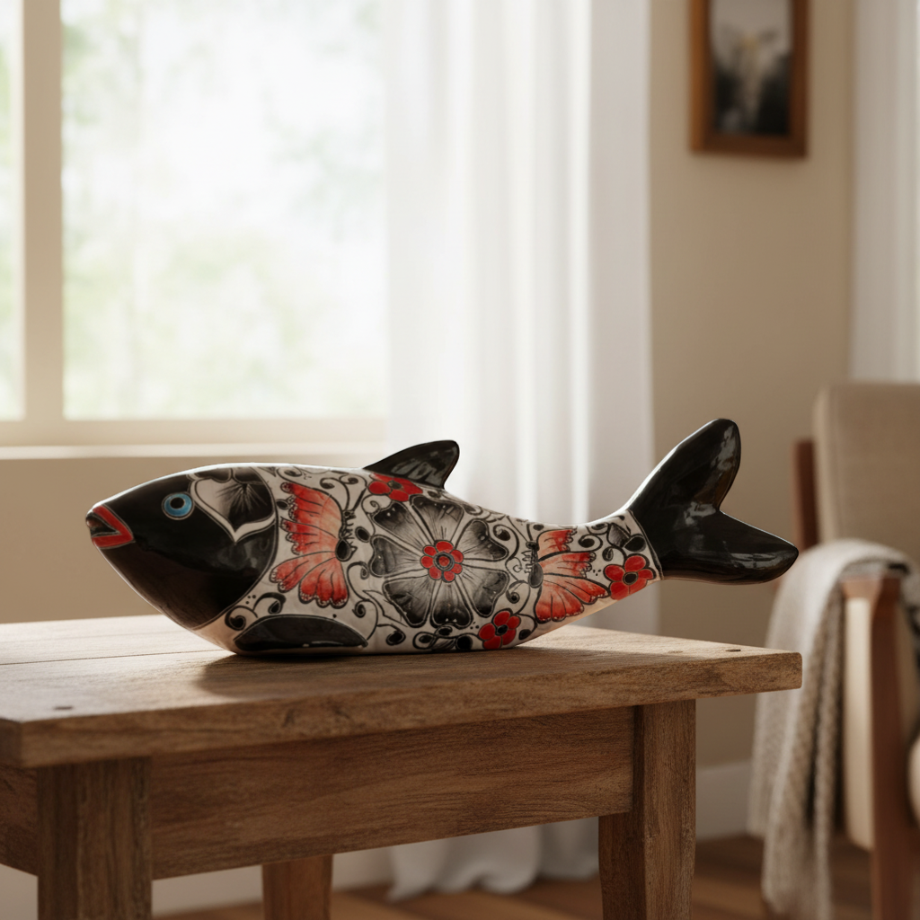 Large Handmade Talavera Fish Statue | Colorful Cultural Art