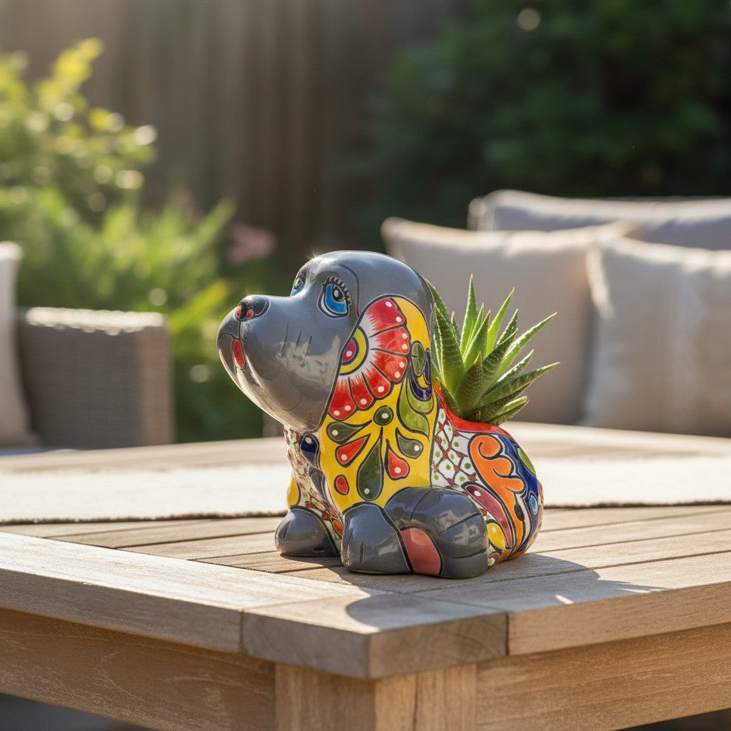 Vibrant Handmade Talavera Dog Statue | Colorful Mexican Canine Art