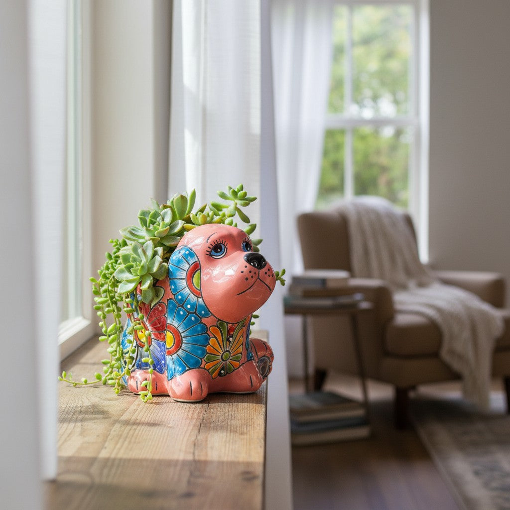 Vibrant Handmade Talavera Dog Statue | Colorful Mexican Canine Art