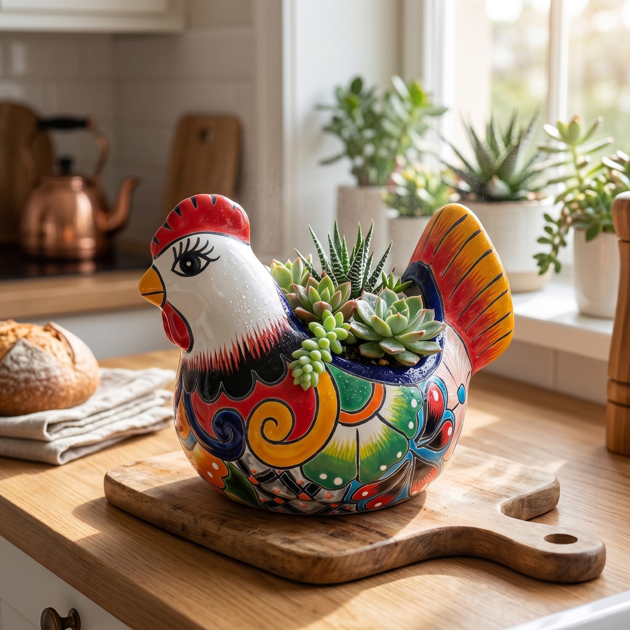 Colorful Talavera Chicken Planter | Mexican Ceramic Art