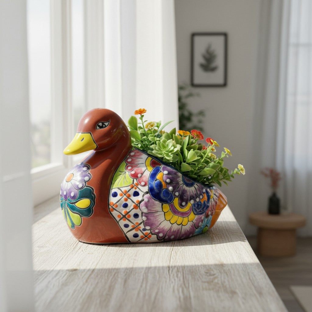 Colorful Talavera Duck Planter | Mexican Succulent Pottery Art
