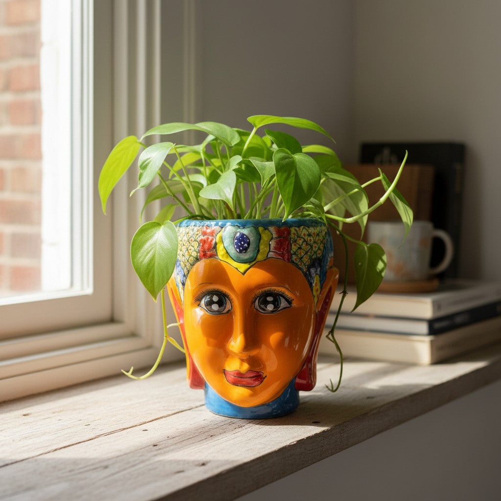 Talavera Face Planter | Hand-Painted Mexican Lady Pot Folk Art
