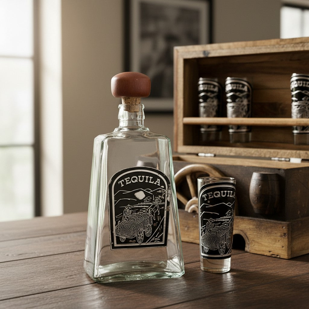 Mexican Shot Glass & Decanter Set | Rustic Wooden Chest