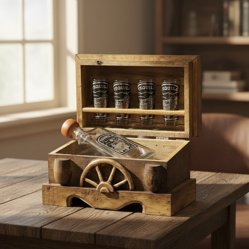 Mexican Shot Glass & Decanter Set | Rustic Wooden Chest