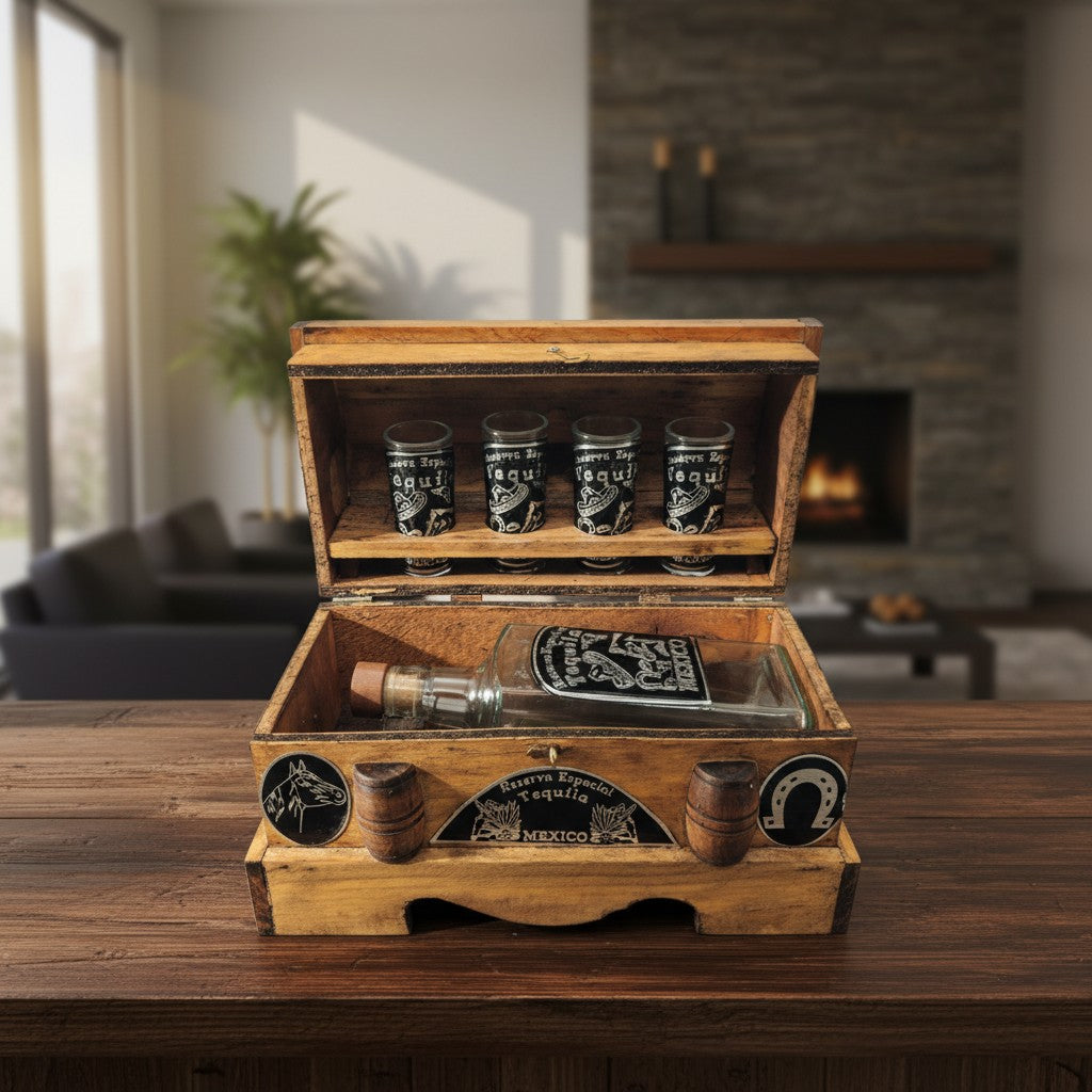 Mexican Shot Glass & Decanter Set | Rustic Wooden Chest