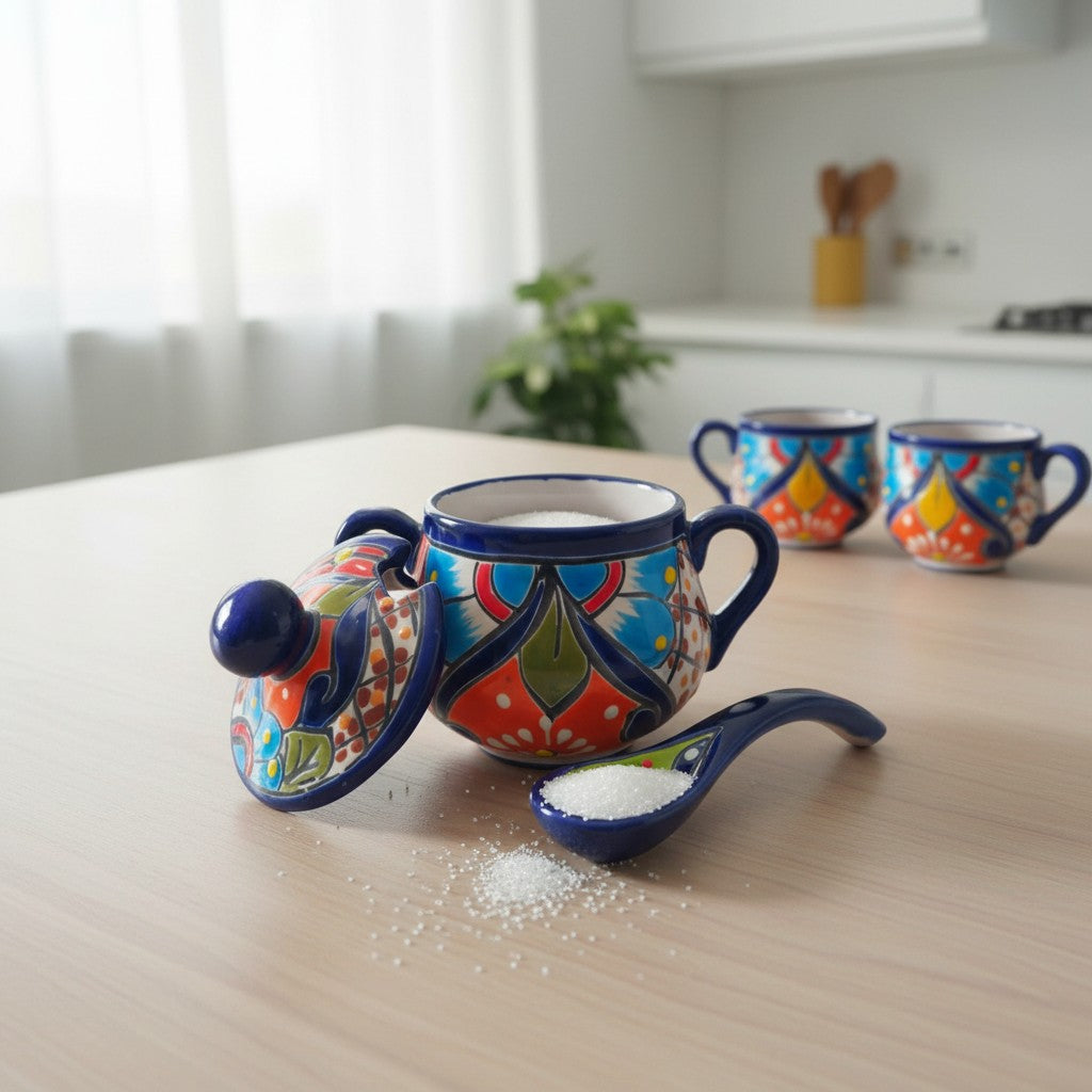 Colorful Talavera Sugar Jar with Spoon | Mexican Pottery Art