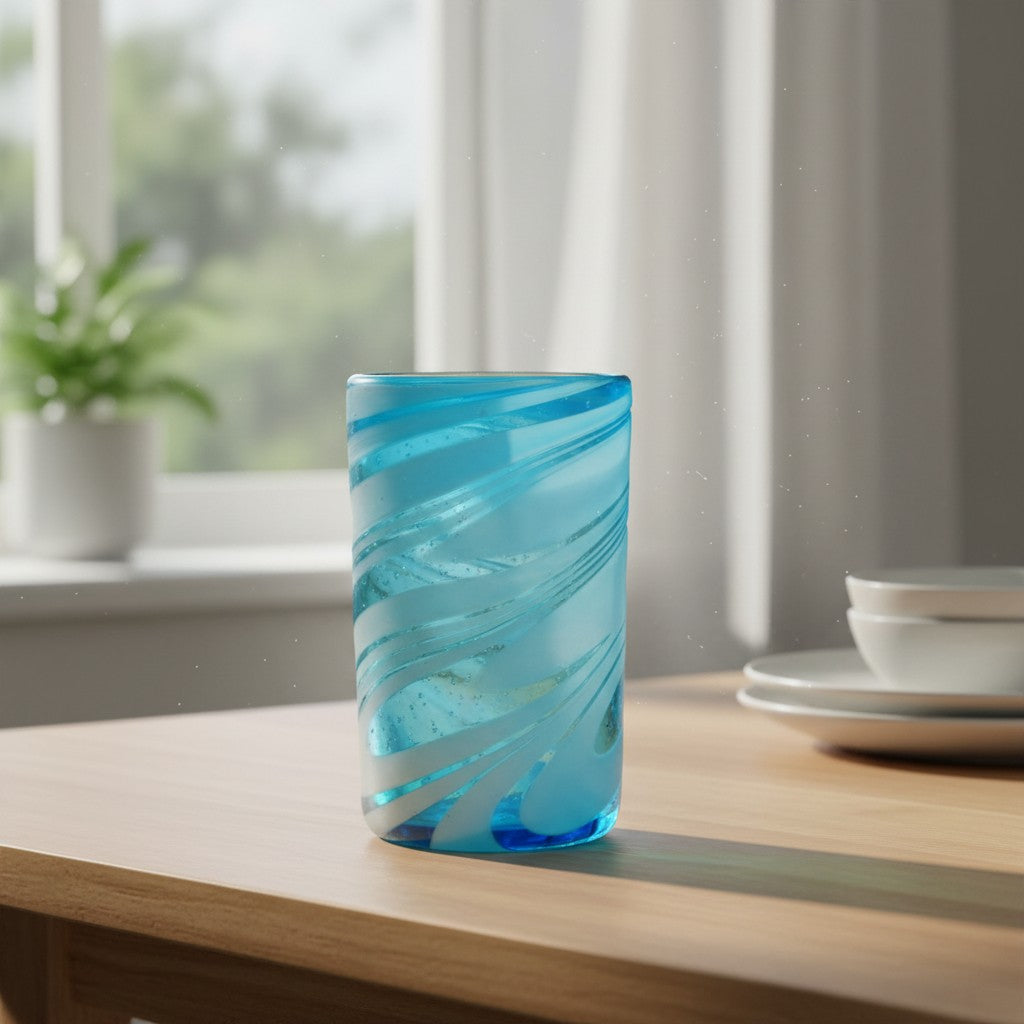 Handblown Mexican Teal Tumbler Glass | White Swirl Accent