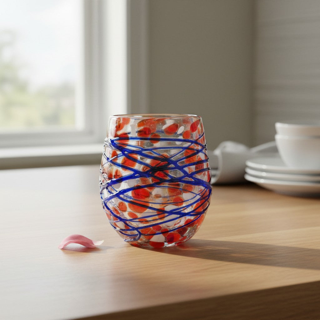 Mexican Stemless Wine Glass | Hand-Blown Orange & Blue Swirl