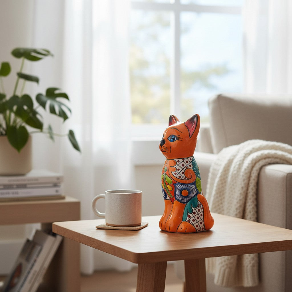 Colorful Hand-Painted Talavera Cat Statue | Mexican Folk Art Decor