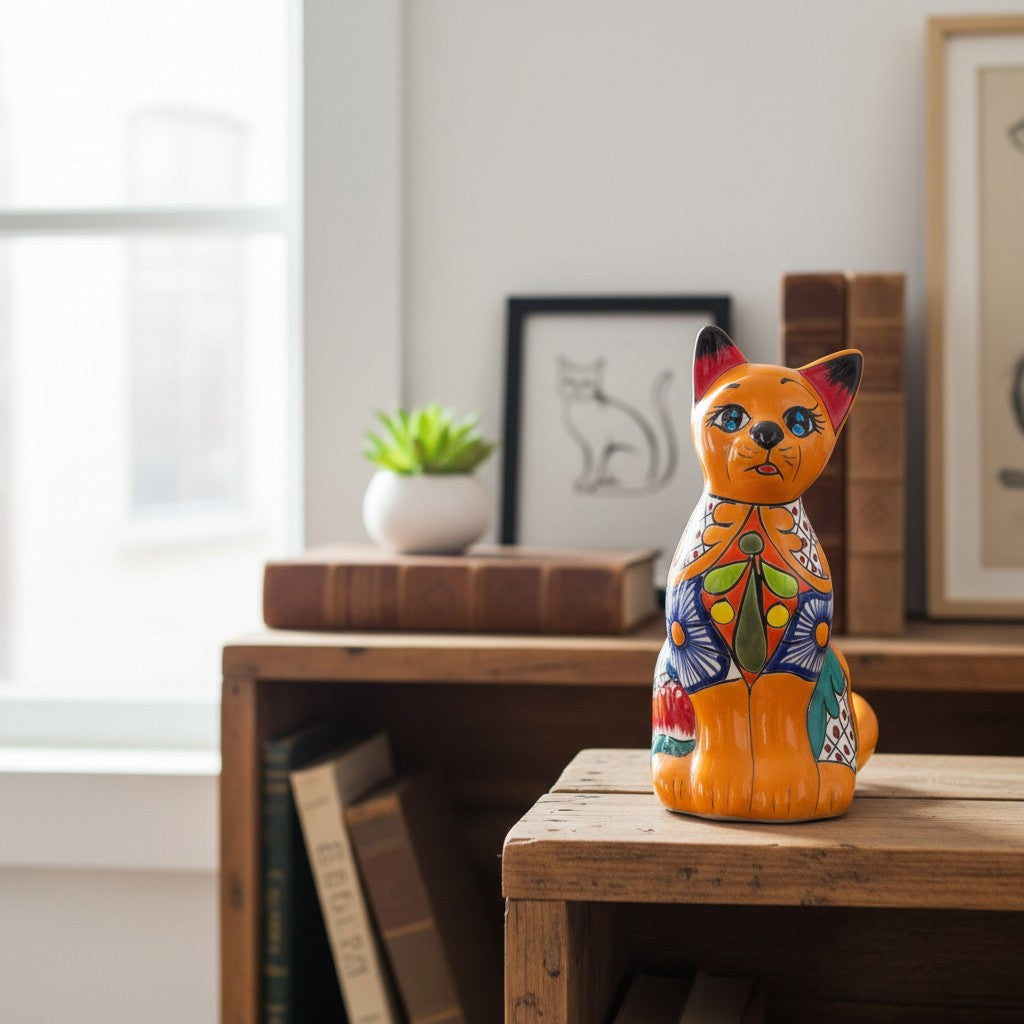 Colorful Hand-Painted Talavera Cat Statue | Mexican Folk Art Decor