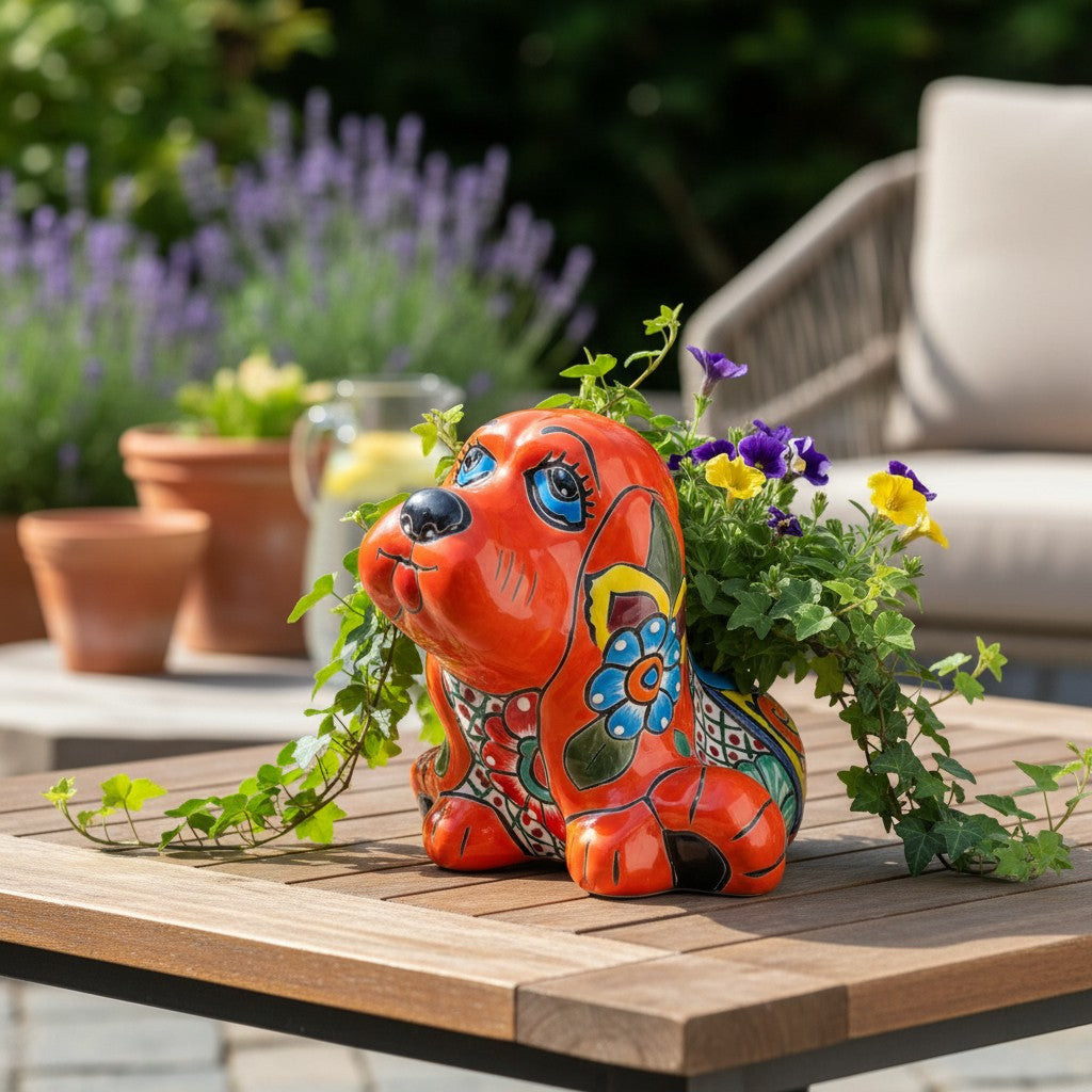 Vibrant Handmade Talavera Dog Statue | Colorful Mexican Canine Art