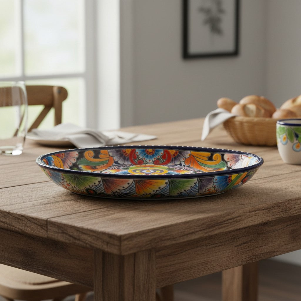 Talavera Oval Serving Platter | Cobalt-Blue Rim Kitchenware