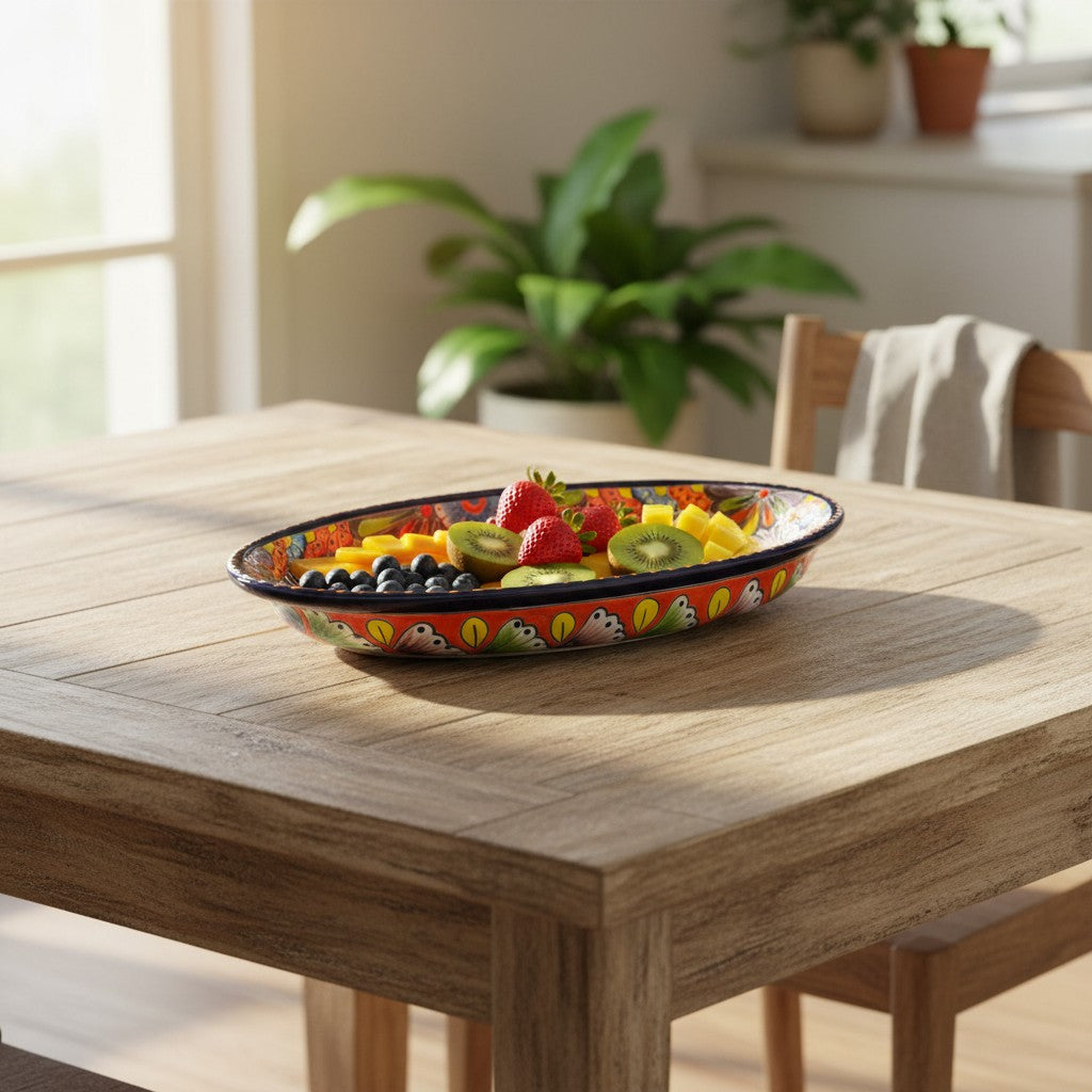Talavera Oval Serving Platter | Cobalt-Blue Rim Kitchenware