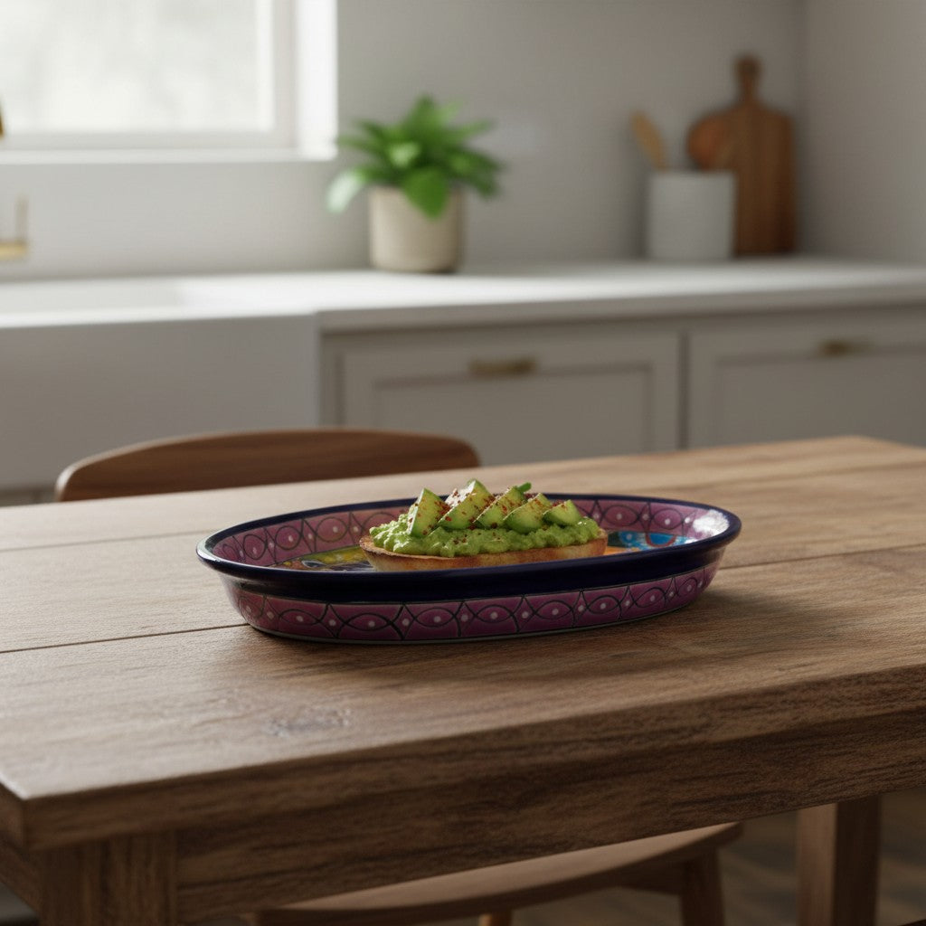 Talavera Oval Serving Platter | Cobalt-Blue Rim Kitchenware