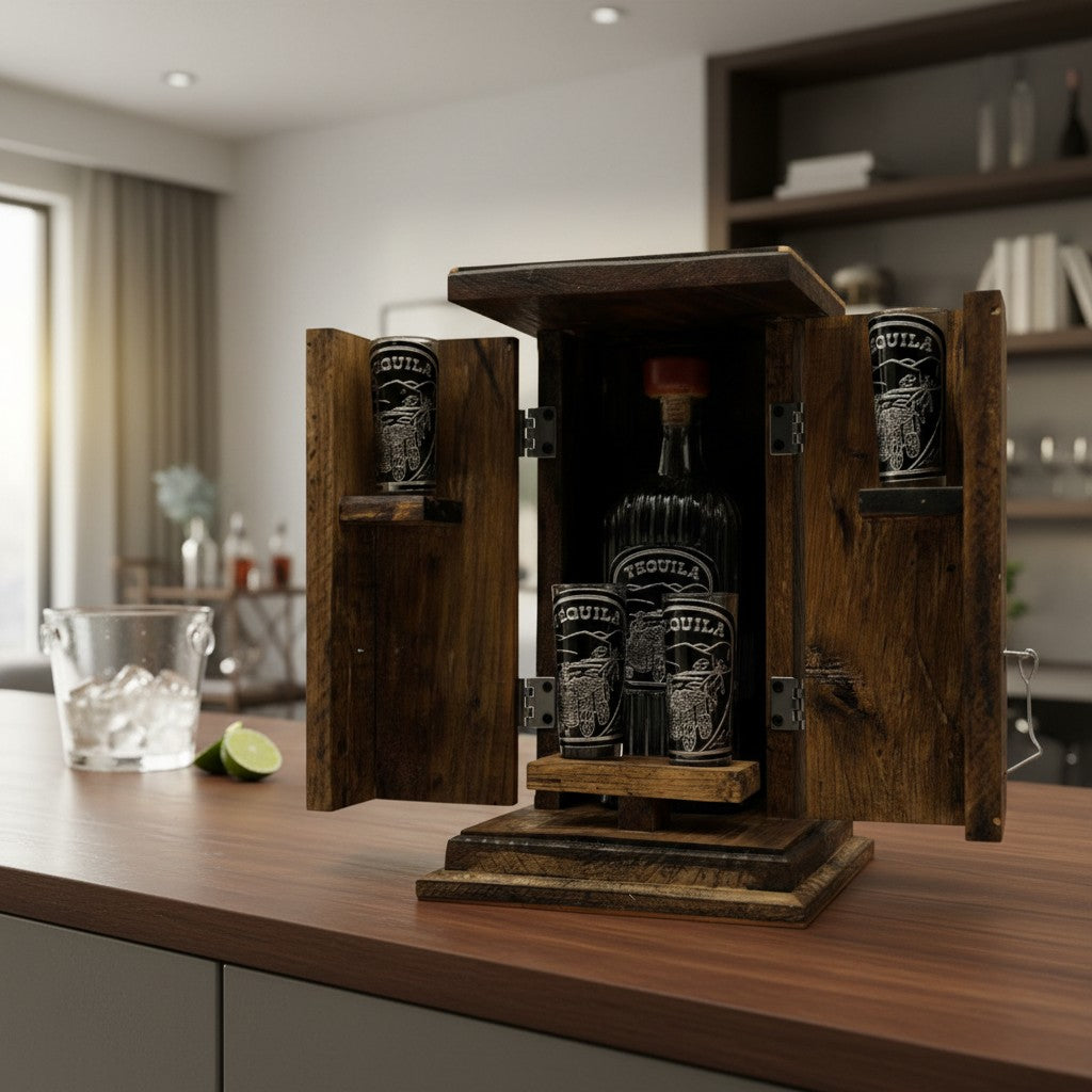 Handmade Shot Glass & Decanter Set | Mexican Rustic Wood Box