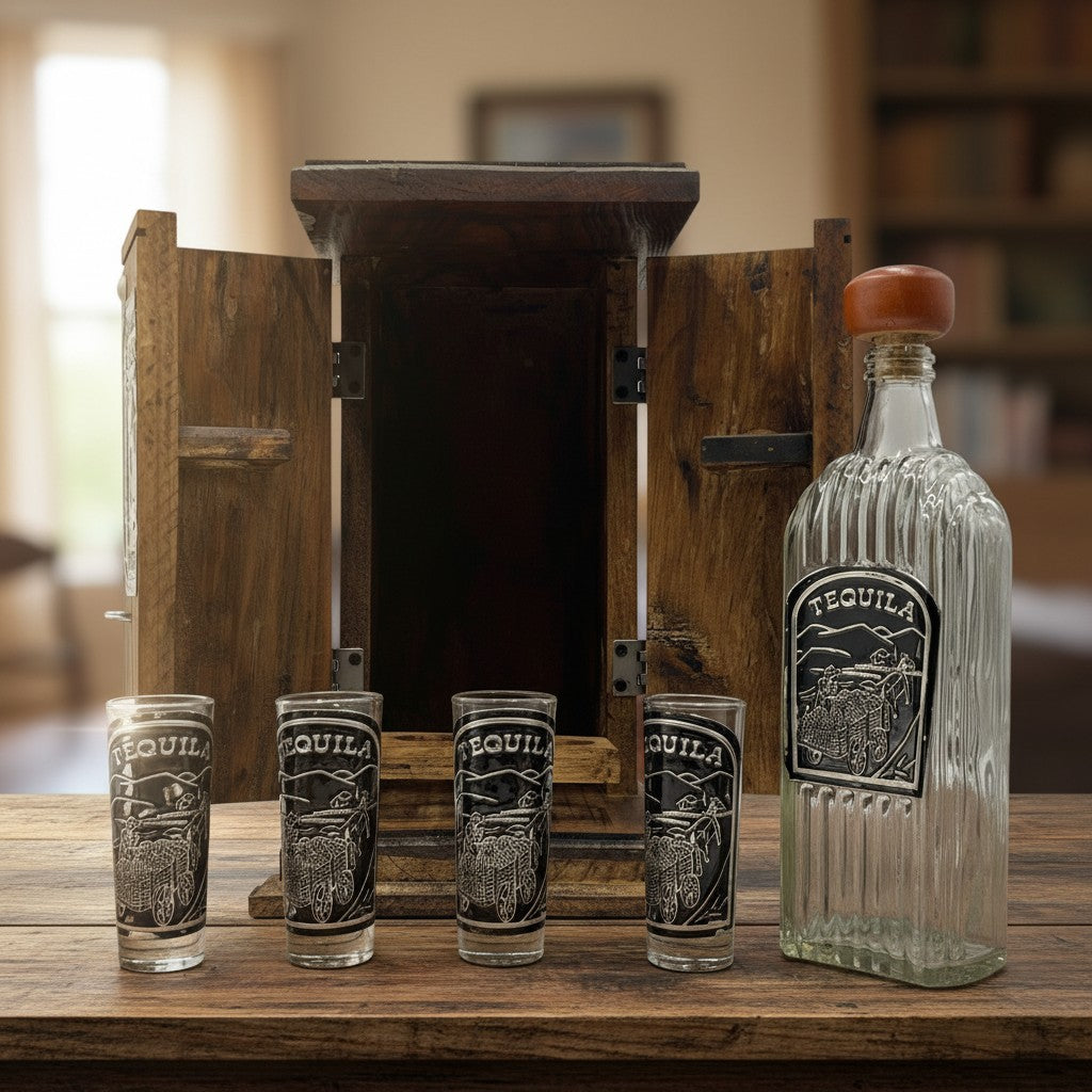 Handmade Shot Glass & Decanter Set | Mexican Rustic Wood Box