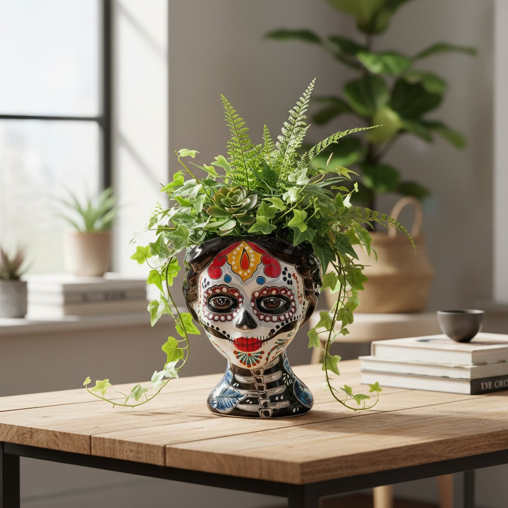 Talavera Skull Face Planter | Hand-Painted Day of the Dead Pottery