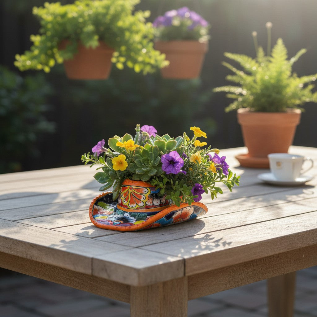 Small Talavera Sombrero Planter | Hand-Painted Cowboy Hat Decor
