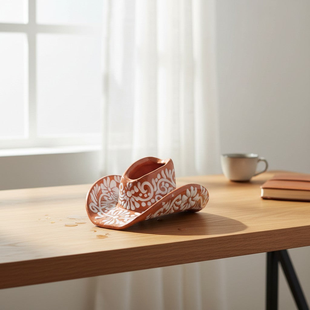 Talavera Sombrero Planter | Brown & White Floral Design