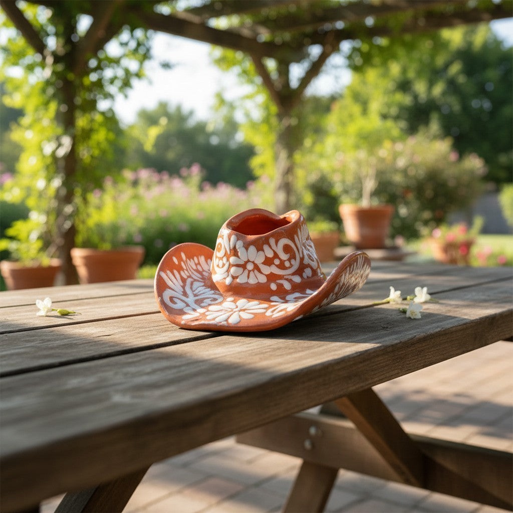 Talavera Sombrero Planter | Brown & White Floral Design