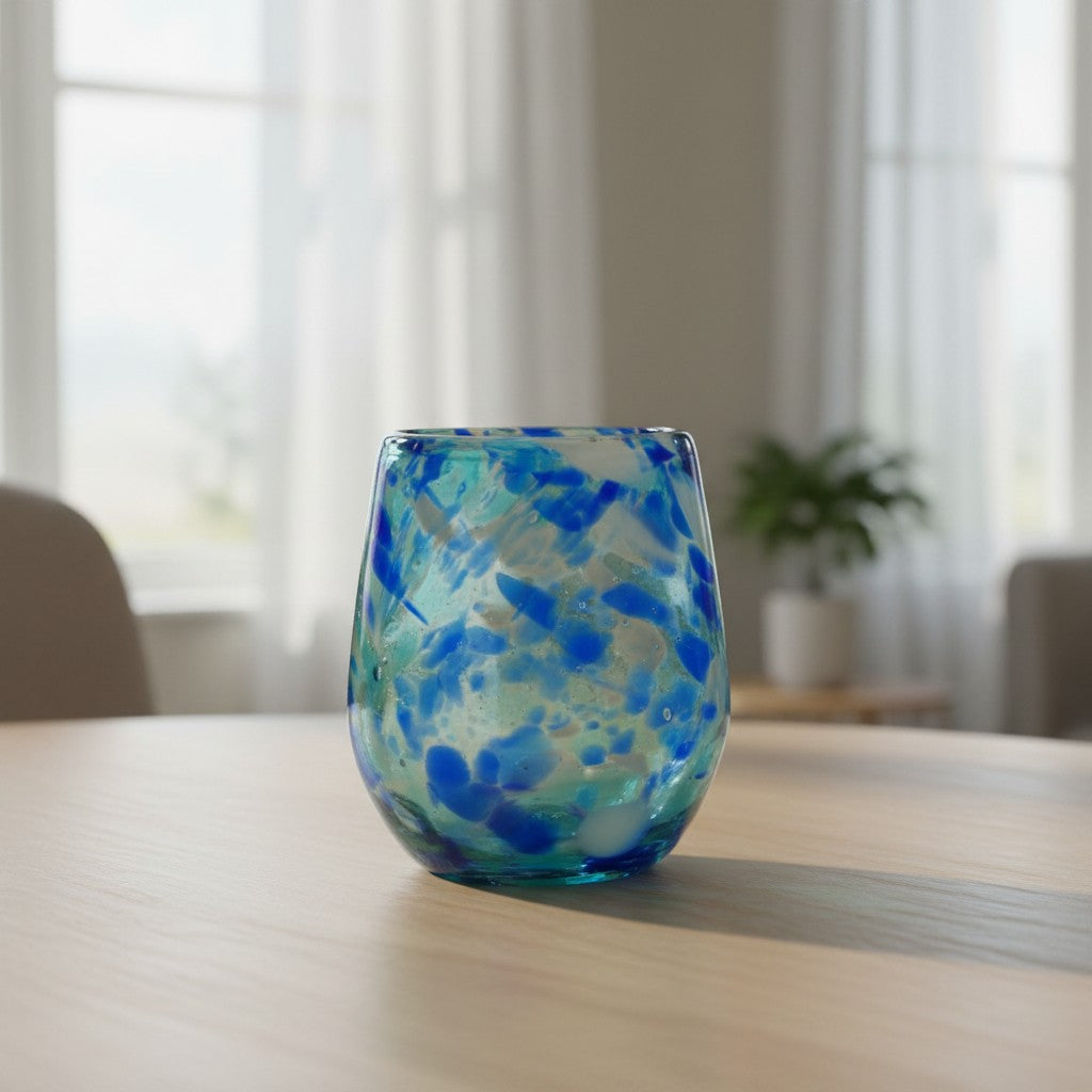Hand-Blown Mexican Stemless Wine Glass | Blue and White Snow Pattern