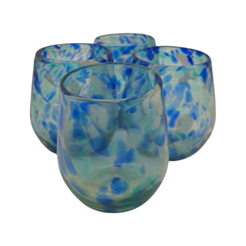 Hand-Blown Mexican Stemless Wine Glass | Blue and White Snow Pattern