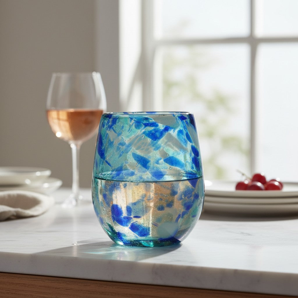 Hand-Blown Mexican Stemless Wine Glass | Blue and White Snow Pattern