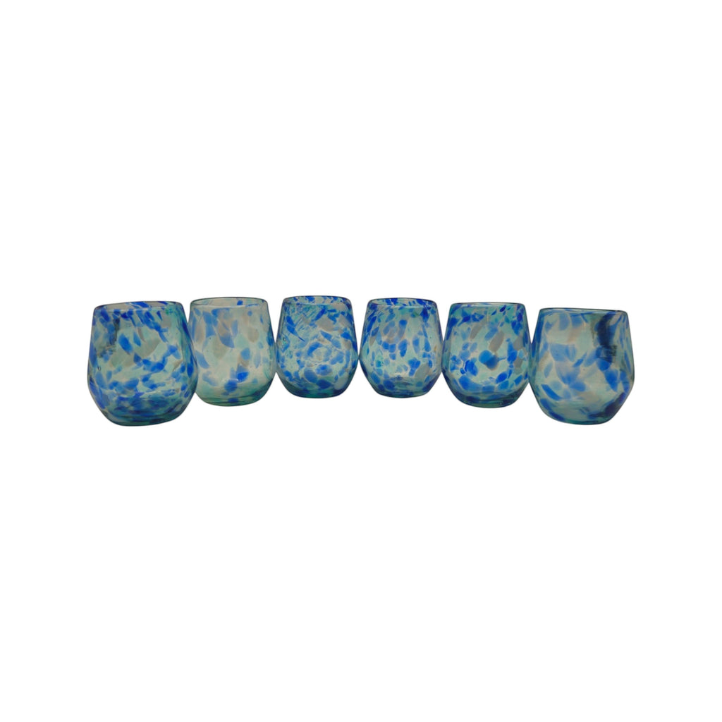 Hand-Blown Mexican Stemless Wine Glass | Blue and White Snow Pattern