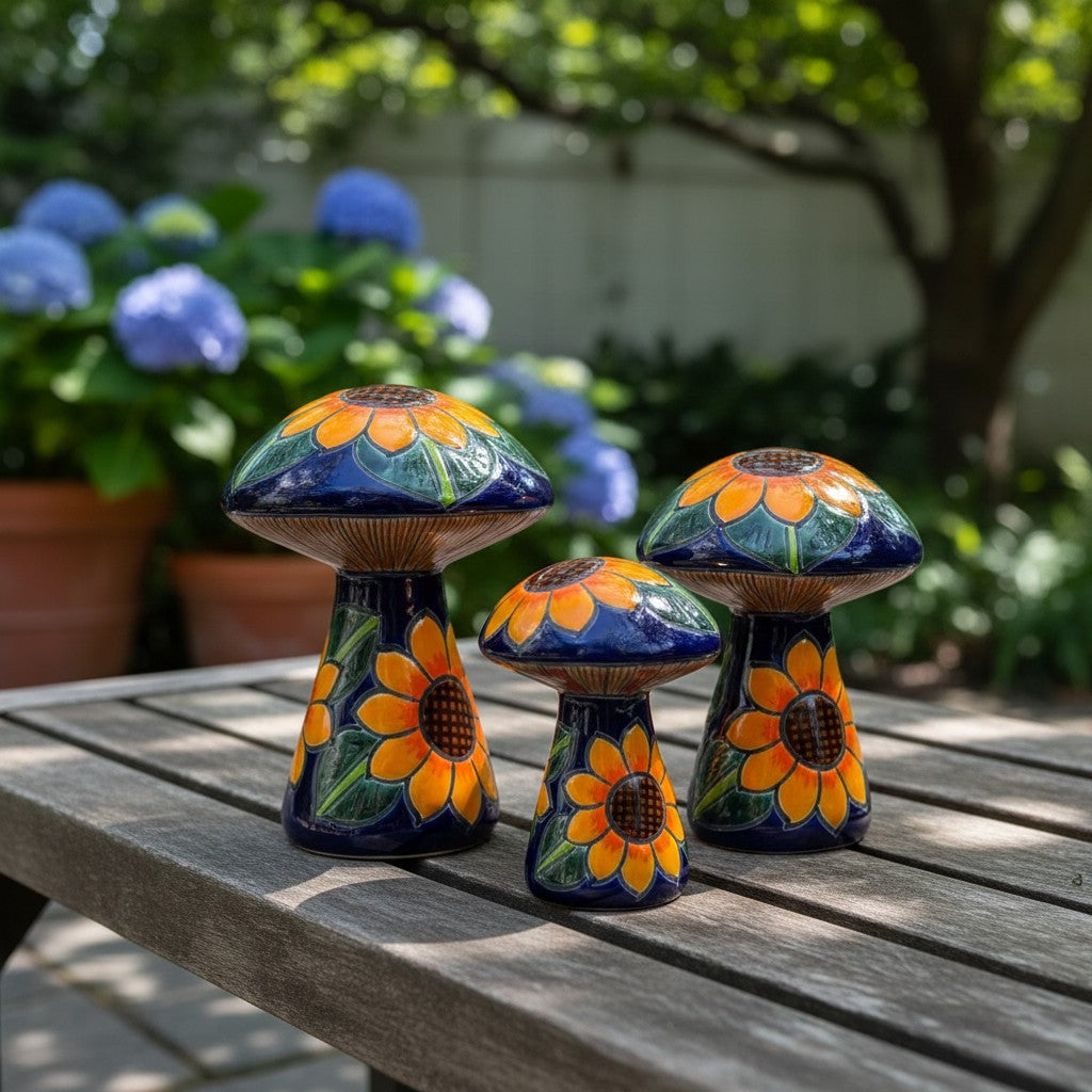 Set of 3 Talavera Mushrooms | Colorful Sunflower Art