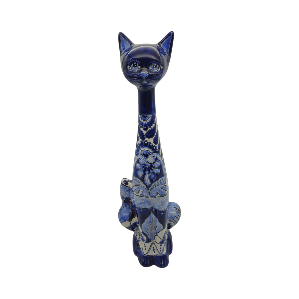 Tall Talavera Cat Statue | Handmade Blue & White Ceramic Figurine