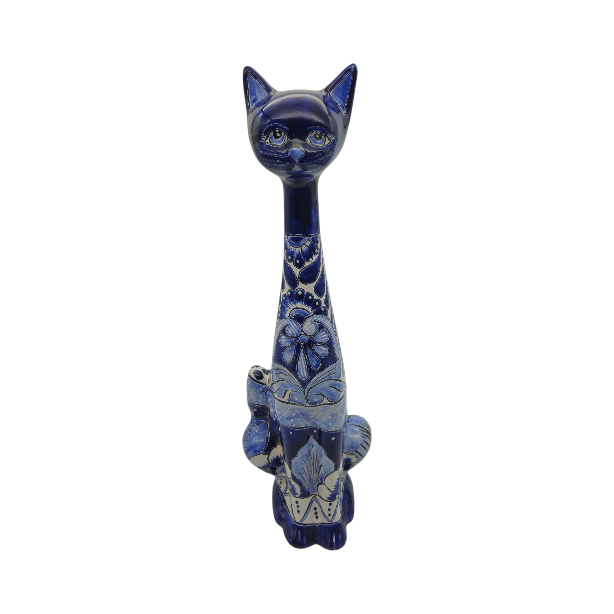 Tall Talavera Cat Statue | Handmade Blue & White Ceramic Figurine