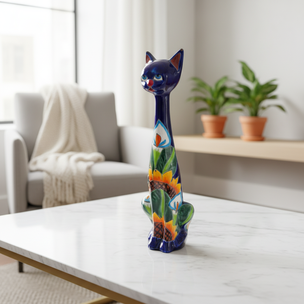 Tall Talavera Cat Statue | Handmade Mexican Sunflower Decor