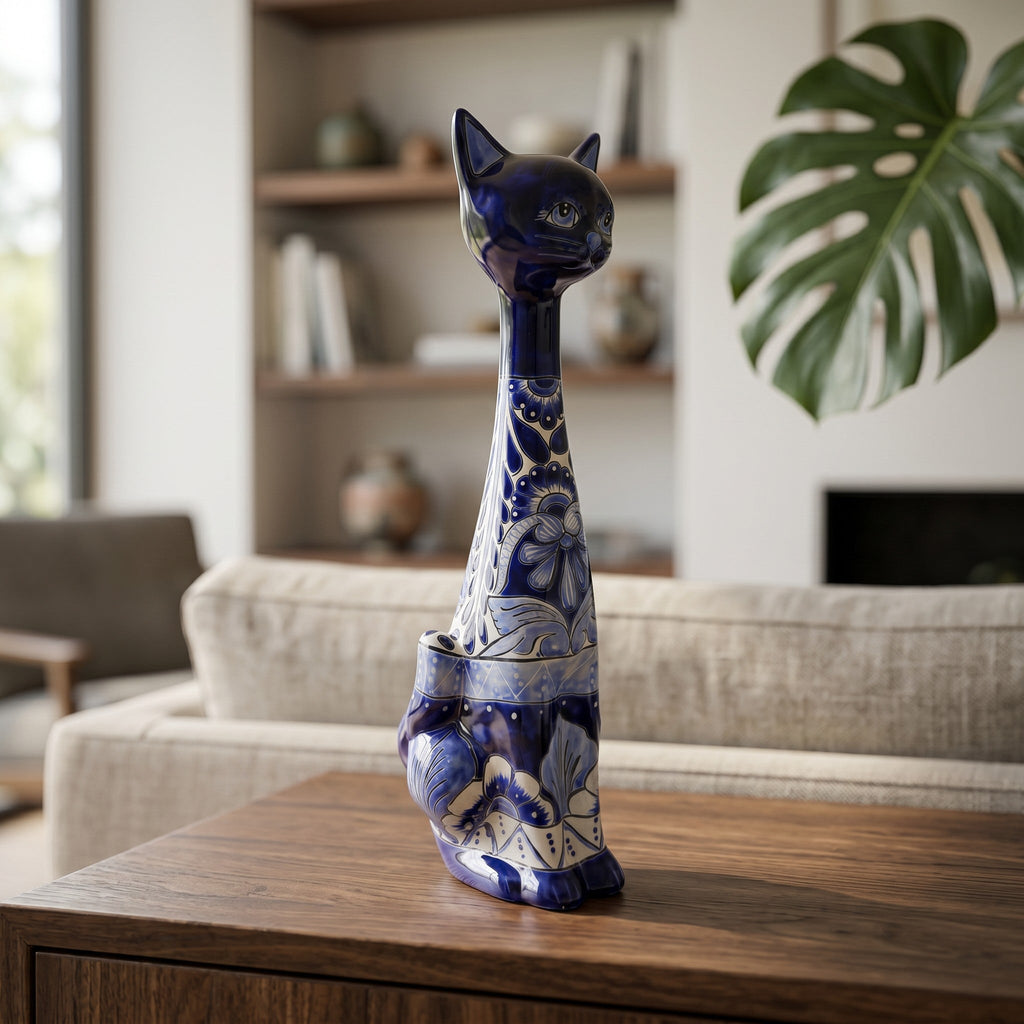 Tall Talavera Cat Statue | Handmade Blue & White Ceramic Figurine