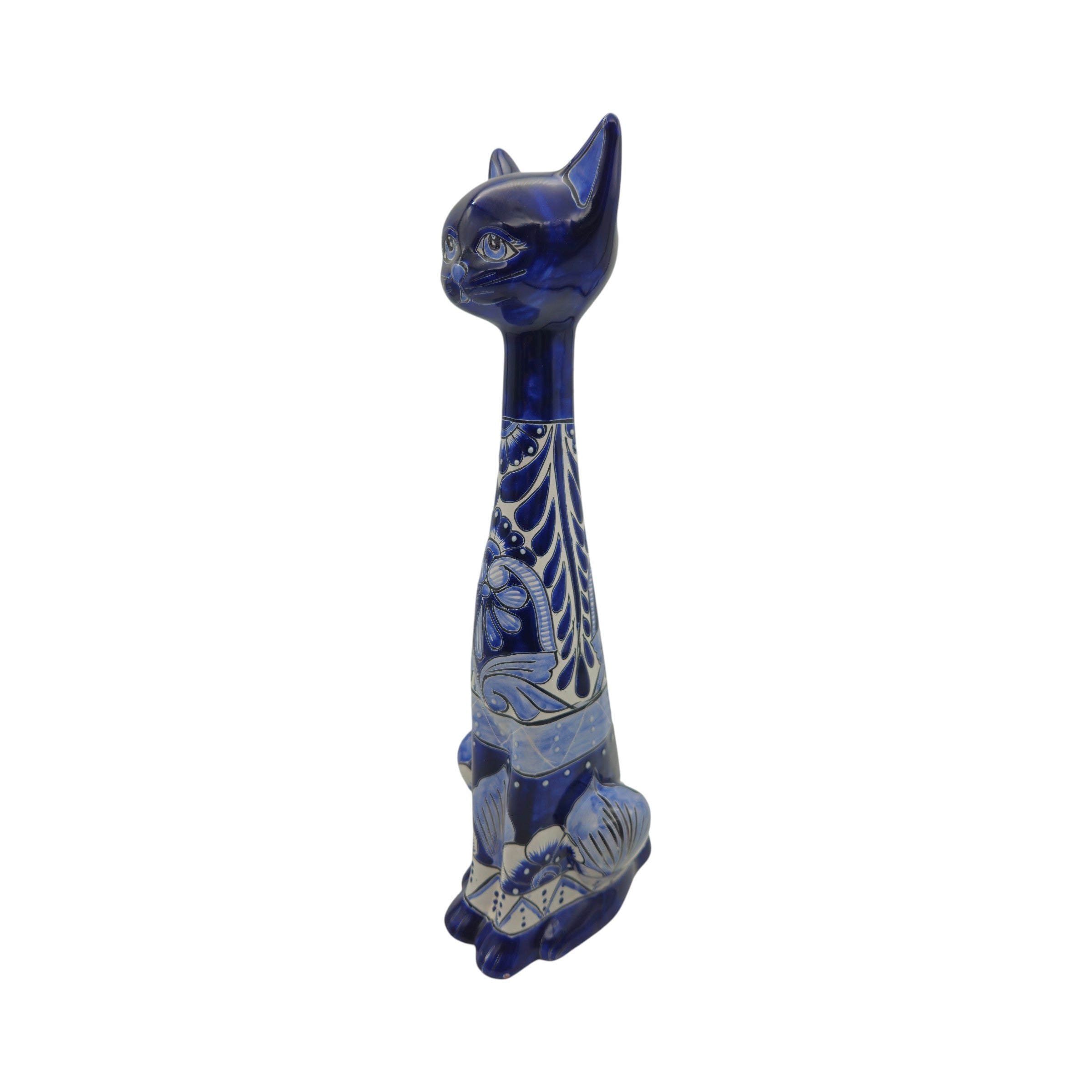 Tall Talavera Cat Statue | Handmade Blue & White Ceramic Figurine