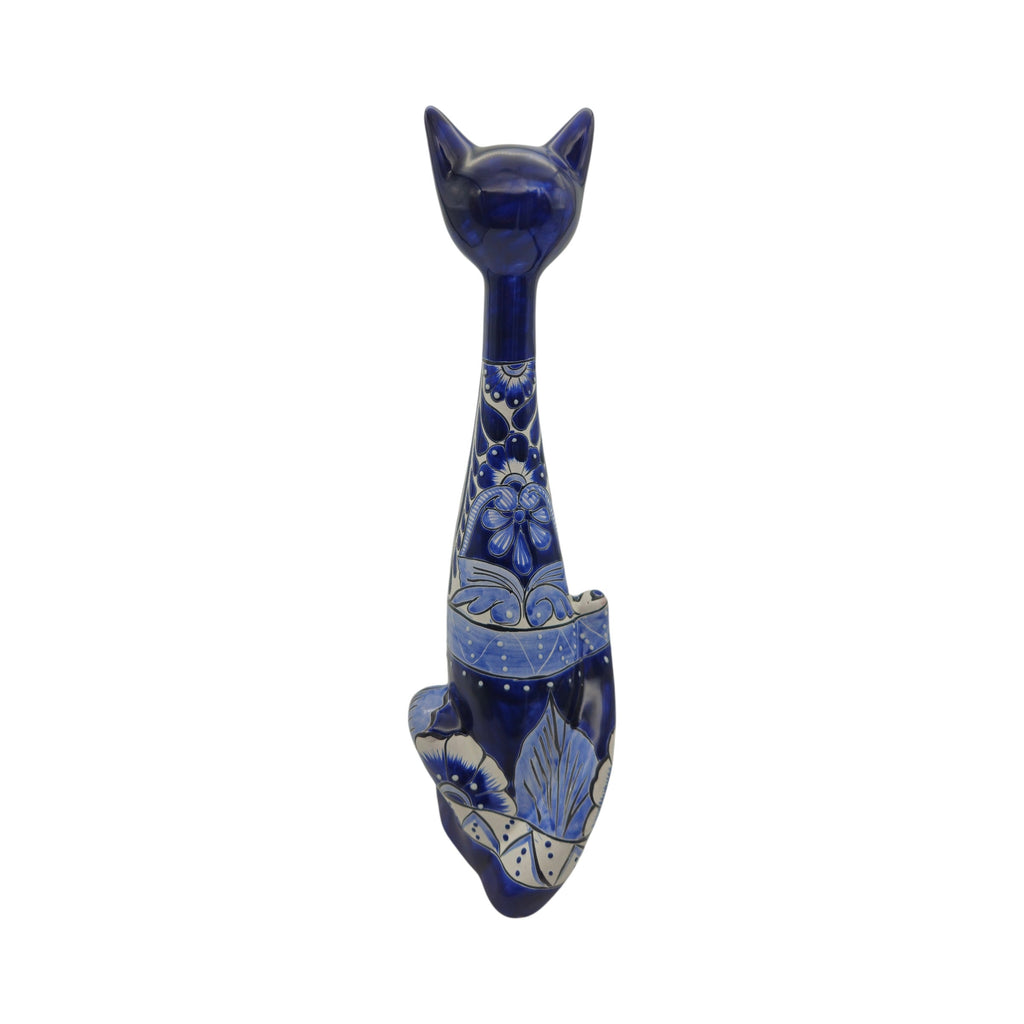 Tall Talavera Cat Statue | Handmade Blue & White Ceramic Figurine
