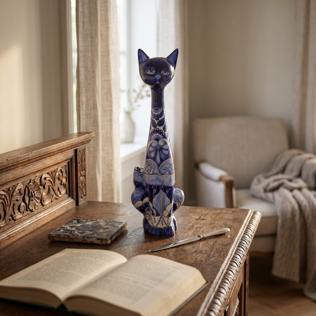 Tall Talavera Cat Statue | Handmade Blue & White Ceramic Figurine