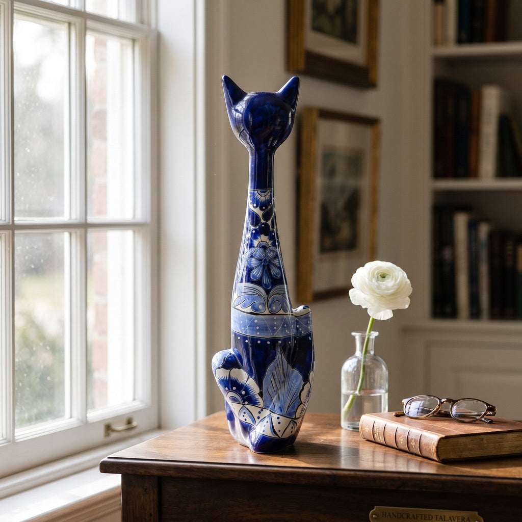 Tall Talavera Cat Statue | Handmade Blue & White Ceramic Figurine