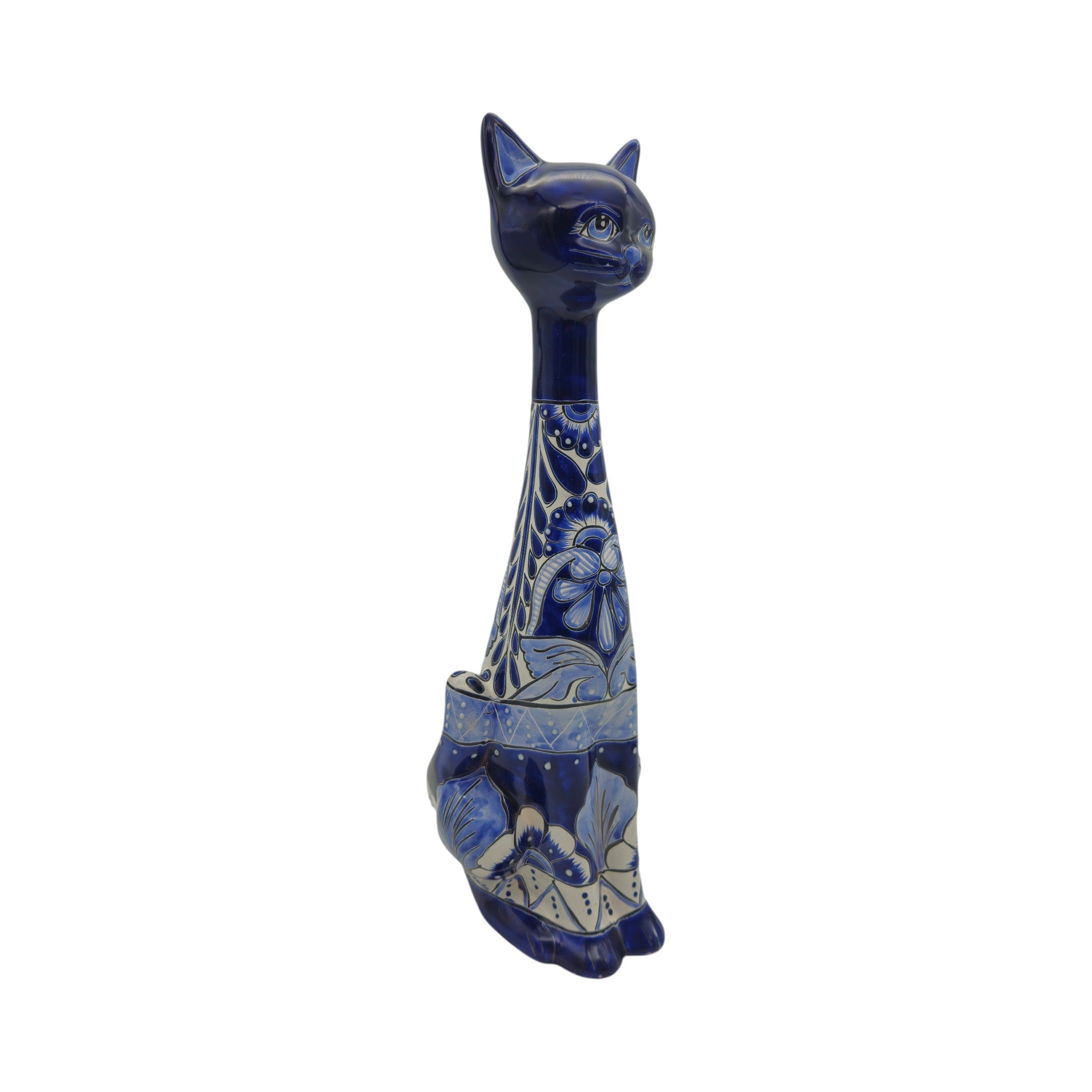 Tall Talavera Cat Statue | Handmade Blue & White Ceramic Figurine