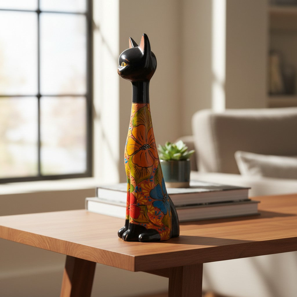 Tall Talavera Cat Statue | Floral Terracotta Design