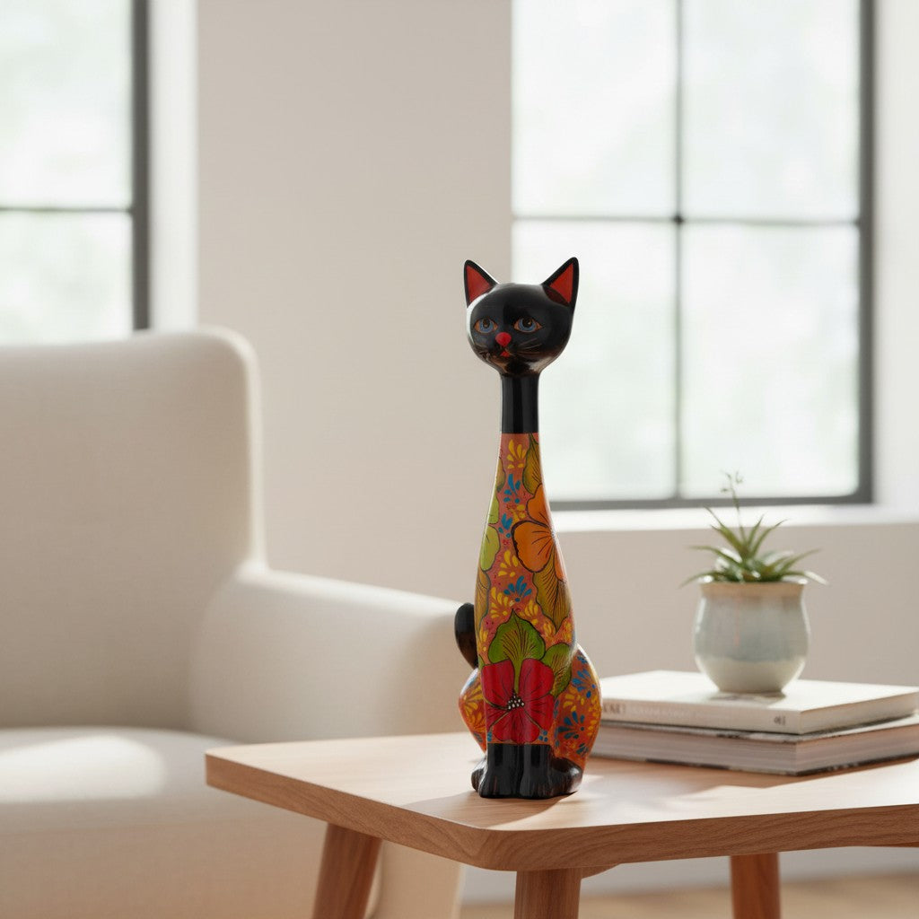 Tall Talavera Cat Statue | Floral Terracotta Design