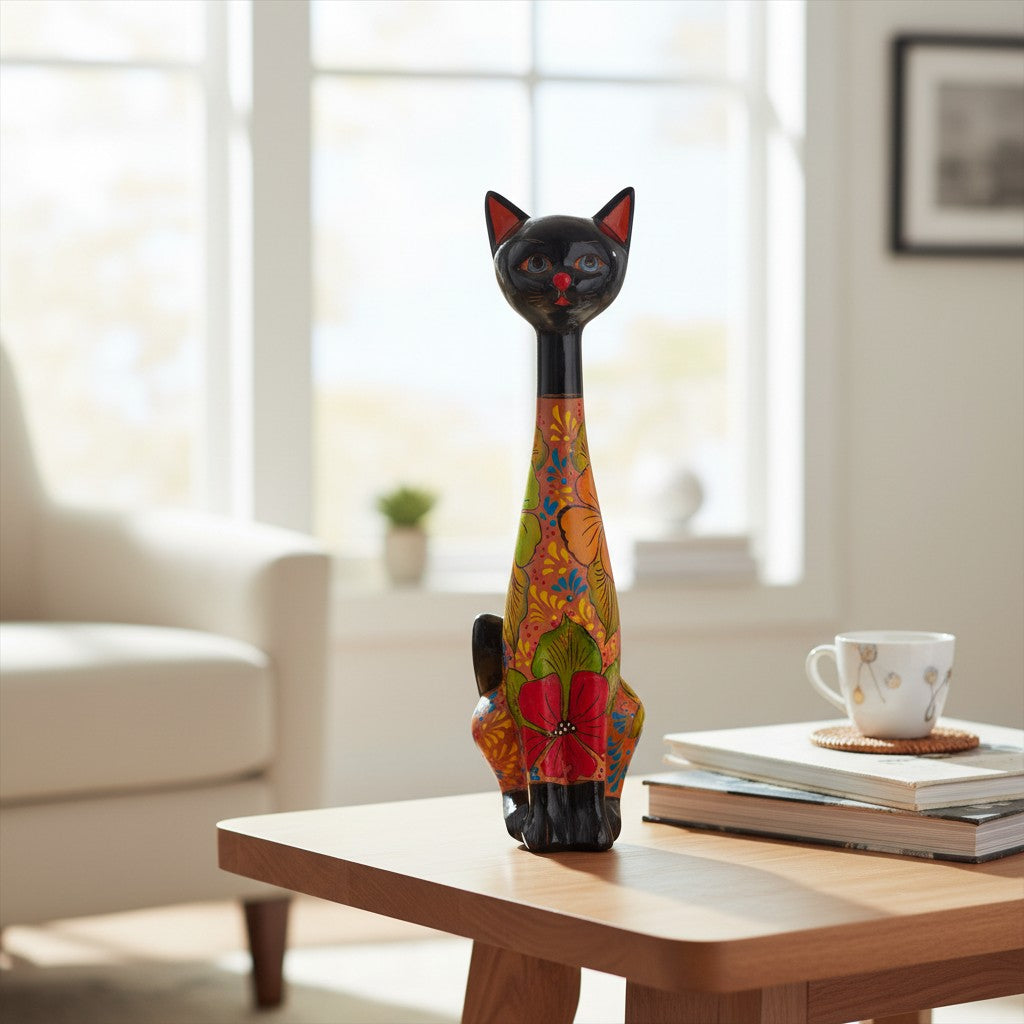 Tall Talavera Cat Statue | Floral Terracotta Design
