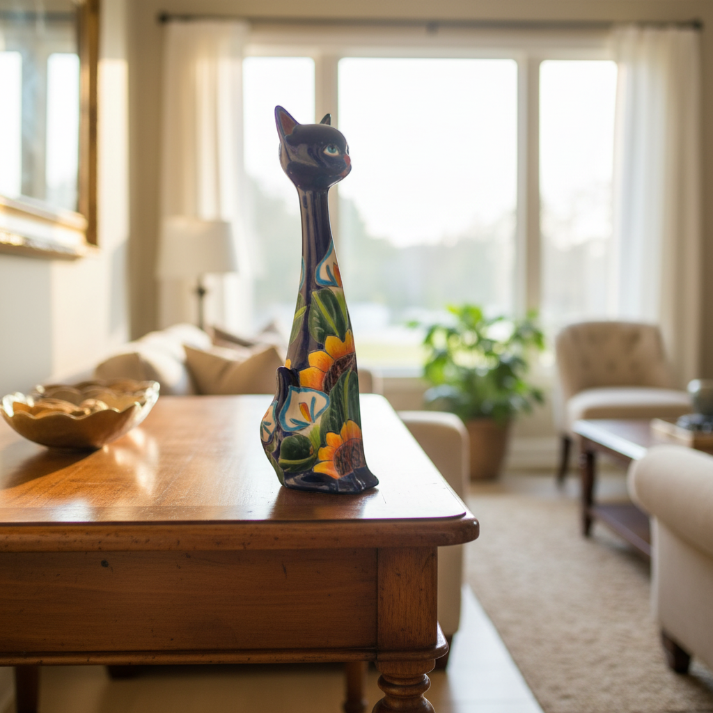 Tall Talavera Cat Statue | Handmade Mexican Sunflower Decor