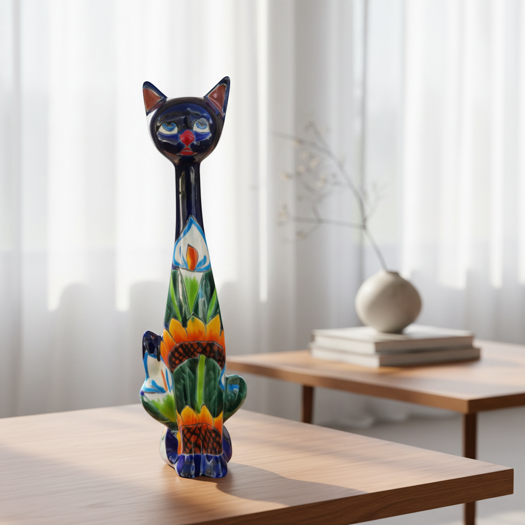 Tall Talavera Cat Statue | Handmade Mexican Sunflower Decor