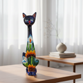 Tall Talavera Cat Statue | Handmade Mexican Sunflower Decor