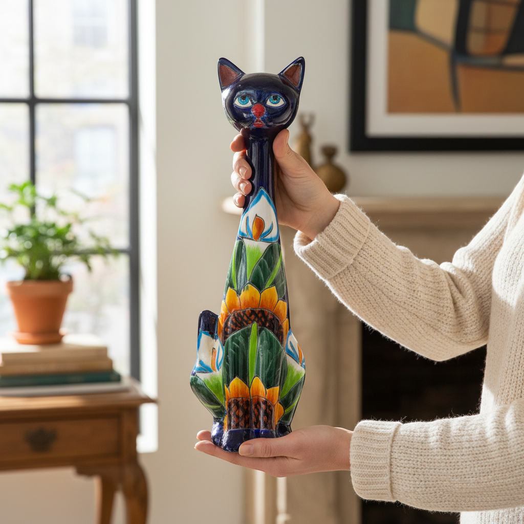 Tall Talavera Cat Statue | Handmade Mexican Sunflower Decor