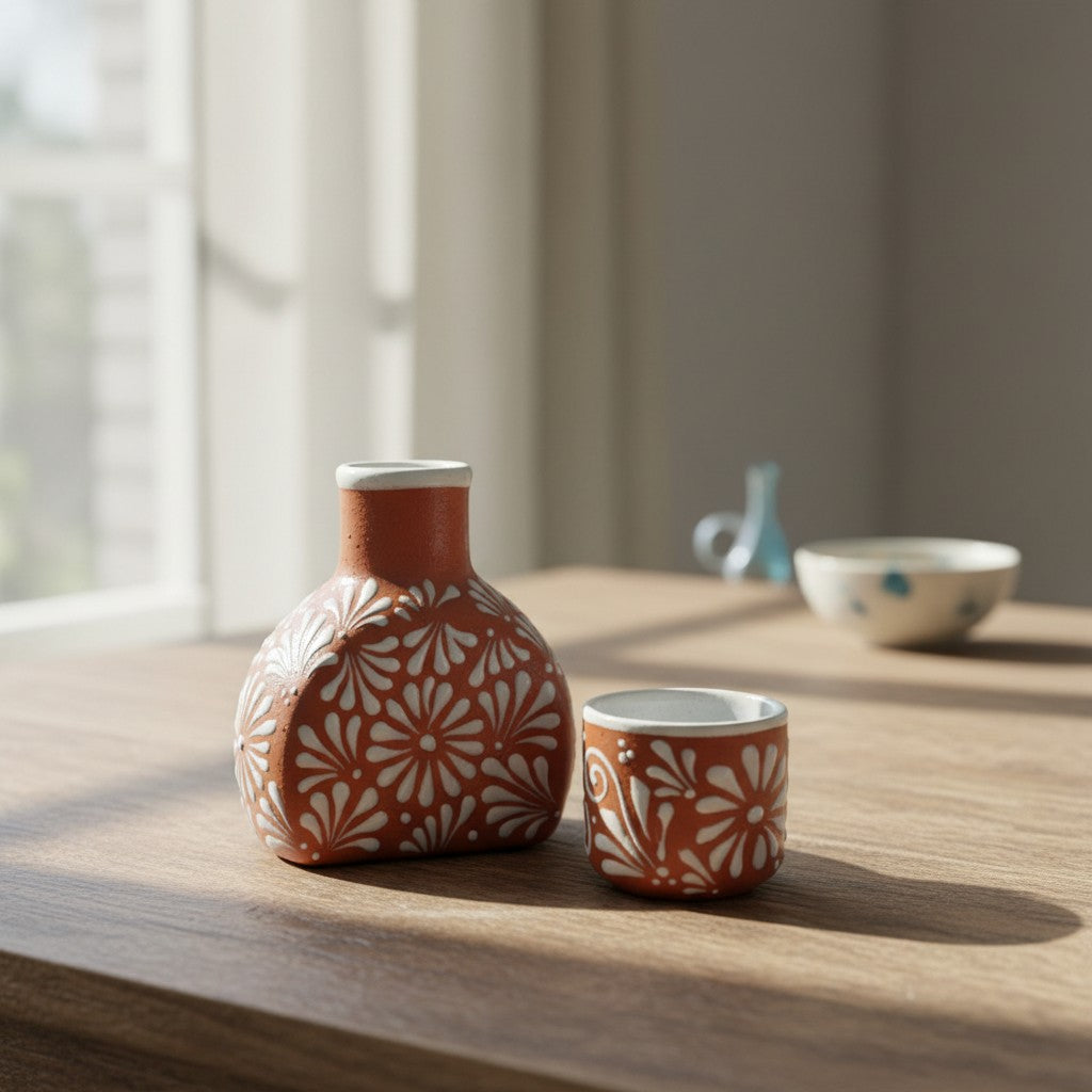 Terracotta Water Carafe Set | Talavera-Style Bedside Decanter