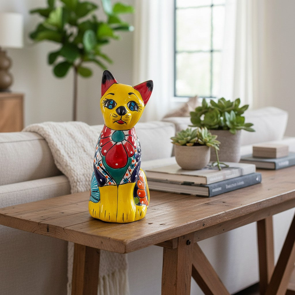 Colorful Hand-Painted Talavera Cat Statue | Mexican Folk Art Decor